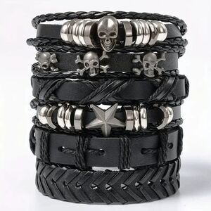 Punk Skull Star Leather Woven Bracelets - 6 Piece